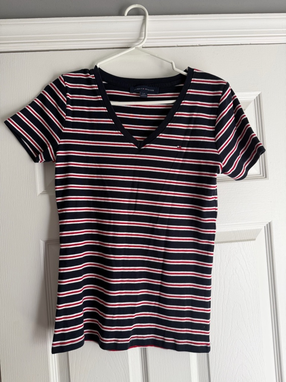 Tommy Hilfiger Navy, White & Red Striped V‑Neck Tee